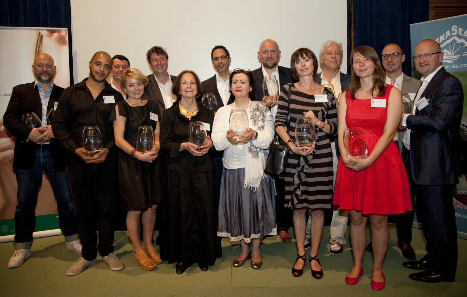 All the winners, from left to right: Tim Hayward, Trevor Lopez de Vergara, William Curley, Ella Cosby, Lucas Hollweg, Claudia Roden, Yotam Ottolenghi, Silvana de Soissons, Andrew Webb, Maggie Ayre, John Walsh, Emma Gardner, Emmanuel Hadjiandreou and Richard McComb